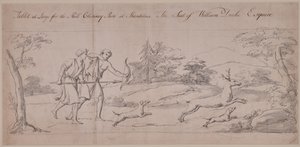 Two figures in classical costume hunting a stag