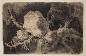 Hunter Standing in Cave near Rock and Waterfall by Thomas Cole