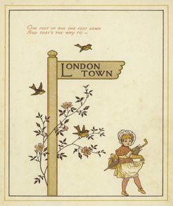 A sign post points the way to London Town with a young girl walking in that direction by Thomas Crane
