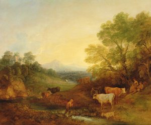 A Landscape with Cattle and Figures by a Stream and a Distant Bridge