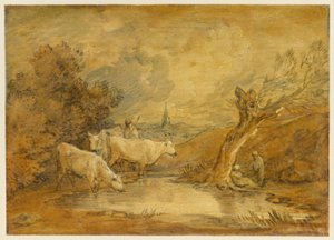Landscape with Figures, Herdsman and Cattle at a Pool, and Distant Church