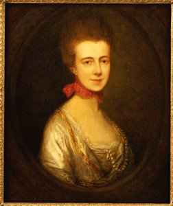 Portrait of Miss Boone, wearing a white dress with gold embroidery and pearl chain, a red ribbon around her neck
