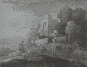 Wooded Landscape with Herdsman Driving Cattle over a Bridge, Rustic Lovers and Ruined Castle by Thomas Gainsborough
