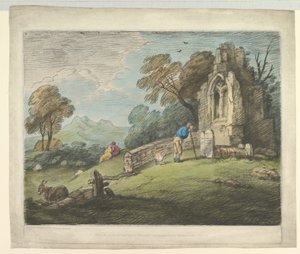 Wooded Landscape with Peasant Reading Tombstone, Rustic Lovers and Ruined Church by Thomas Gainsborough