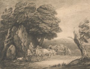 Wooded Landscape with Two Country Carts and Figures