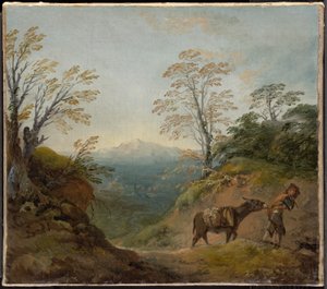 Wooded Landscape with a Boy Leading a Donkey and Dog, and an Extensive Panorama with Buildings and Distant Hills by Thomas Gainsborough