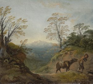 Wooded Landscape with a Boy Leading a Donkey and Dog, and an Extensive Panorama with Buildings and Distant Hills by Thomas Gainsborough