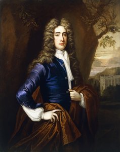 Portrait of a Gentleman, Aged 37, Three-Quarter Length, in a Blue Coat and a Brown Cloak, with a House in the Style of Smith of Warwick in the Background, 1710