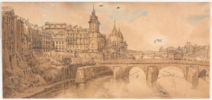 A Selection of Twenty of the Most Picturesque Views in Paris: View of Pont au Change, the City Theatre, Pont Neuf, Conciergerie Prison, and taken from Pont Notre Dame by Thomas Girtin