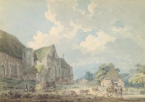 The Tithe Barn at Abbotsbury with the Abbey on the Hill, c.1795