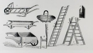 Wheelbarrows, trug and ladders, from Thomas Mawson