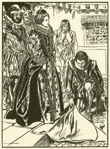 Raleigh Spreads His Cloak Before Elizabeth by Thomas Heath Robinson