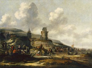 A View of Scheveningen with Fishermen Selling Their Catch by Thomas Heeremans