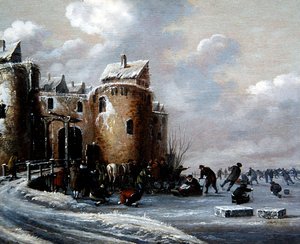 A Winter Landscape with Skaters by a Fortified Gatehouse