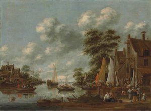 River Landscape with Ferry Boats and Other Vessels, Figures Disembarking by an Inn by Thomas Heeremans
