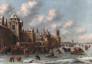 Winter Landscape with Figures Skating and Sledging on a Frozen Moat by a Fortified Town by Thomas Heeremans