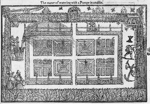 The manner of watering with a pump in a tub, from The Gardeners Labyrinth, 1577 by Thomas Hill