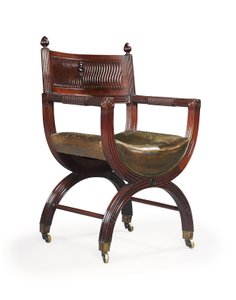 Late Victorian Mahogany X-Frame Armchair, attributed to Marsh, Jones & Cribb, after a design by Thomas Hope, c.1880