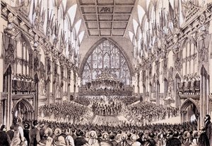 Interior of the Guildhall - The Lord Mayor and Corporation Presenting Their Address to Emperor and Empress of the French, April 19 1855 by Thomas Hosmer Shepherd