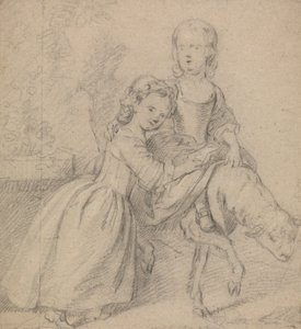 Two Girls in a Landscape, One Riding a Lamb by Thomas Hudson