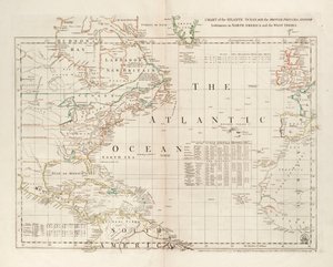 Chart of the Atlantic Ocean, with the British, French & Spanish settlements in North America and the West Indies by Thomas Jefferys