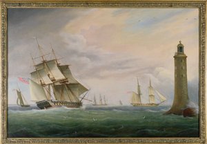 A Frigate and a Naval Brig passing the Eddystone Lighthouse by Thomas L. Hornbrook