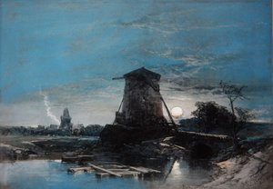A Moonlit Dutch Landscape by Thomas Leeson the Elder Rowbotham