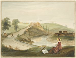 Totterdown and Pile Hill from Bath Road, showing the Brislington Turnpike (with a Miss Braikenridge? Sketching) by Thomas Leeson the Elder Rowbotham