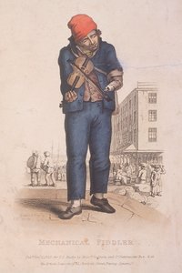 Fiddler with a prosthetic arm, with a market in the background