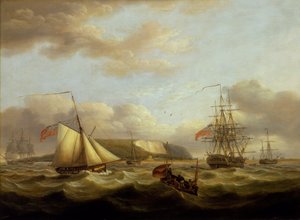 A cutter passing astern of a frigate, early 19th century by Thomas Luny
