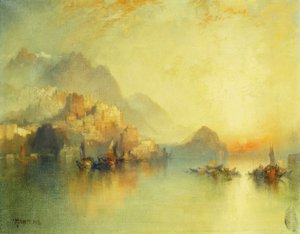 A Hillside Village at Sunset