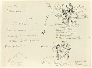 Sheet of Sketches: Soldier on Horseback and Soldier with Sabre Conducting Prisoner (recto); Sheet of Sketches (verso) by Thomas Nast