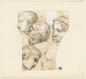 Sketches of Male Heads; Two Old Women