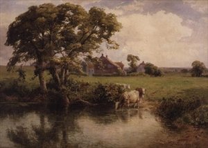 Cattle watering near a farmhouse by Thomas Pyne