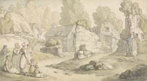 A Village Scene with Figures and Ruined Buildings