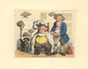 Barber and customer in a barbershop decorated with wigs by Thomas Rowlandson