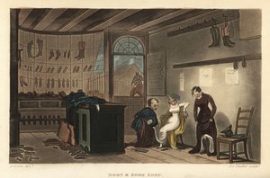 Boot and Shoe Shop: Women customers trying on shoes and boots at Leatherhead cobblers by Thomas Rowlandson