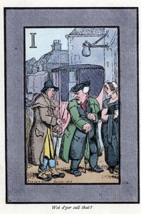 Hackney complaining to passengers about small tips (1819). Wood engraving, based on a painting by Thomas Rowlandson (1756-1827), published in The Cries of London: with six charming children and nearly 40 illustrations, by Andrew Tuer, Field and Tuer by Thomas Rowlandson