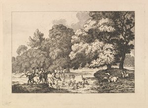 Deer Hunting - A Landscape Scene with Stag and Hounds in a River by Thomas Rowlandson