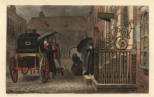 Departure: Tourists Loading Luggage onto a Carriage in Front of a Hotel in the Rain