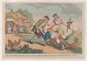 Doctor Drainbarrel Conveyed Home in order to Take His Trial for Neglect of Family by Thomas Rowlandson