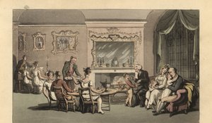 English gentleman, wife and children relaxing in the parlour