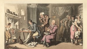 English gentleman writing a begging letter in a decrepit parlour by Thomas Rowlandson