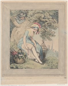 Girl with a Basket and Birdcage Adjusting Her Garter by Thomas Rowlandson