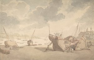 Harbor scene with the tide out, and beached boats