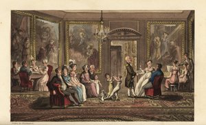 Johnny gives a big party. Social event in a large mansion, with guests playing cards, singing songs, talking, dancing, and socializing. Handcoloured copperplate engraving by Thomas Rowlandson from William Combe