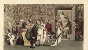 Johnny in service to the portrait painter Carmine at his gallery. When alone, Johnny defaces the portraits with chalk and causes a furore. Handcoloured copperplate engraving by Thomas Rowlandson from William Combe