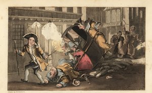 Johnny thrown out of a sedan chair when the porters crash over a pile of stones in the street. Night Watchmen with lanterns and rattles arrives by Thomas Rowlandson