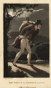 Johnny Walking on the Moonlit Road to London. He has a Backpack with Violin, a Book in his Coat Pocket, and Carries an Umbrella. Handcoloured Copperplate Engraving by Thomas Rowlandson from William Combe