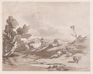 Landscape with a Figure Herding Cattle to Water by Thomas Rowlandson
